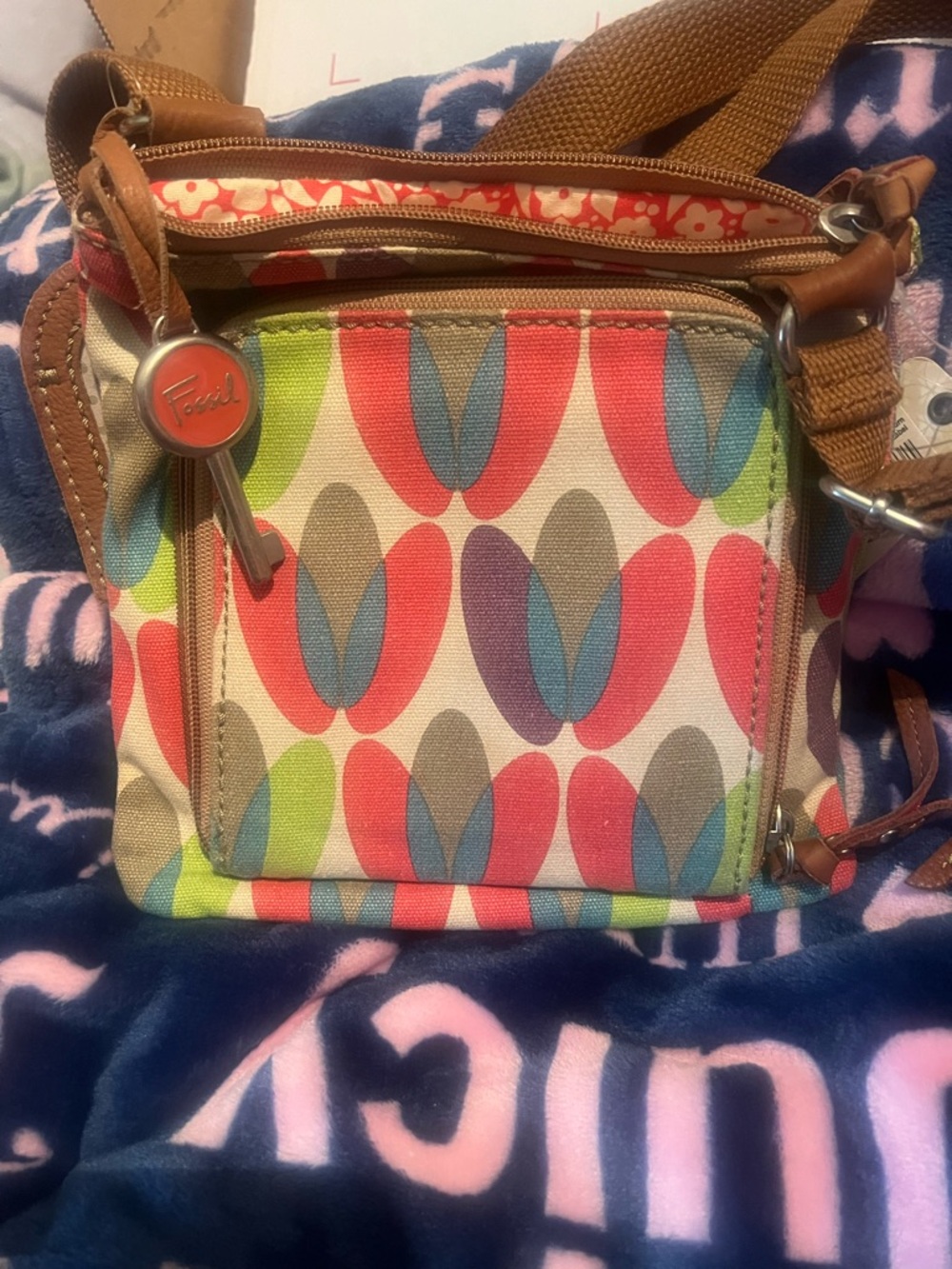 Fossil Multicolor Geometric Canvas Crossbody with Tan Trim